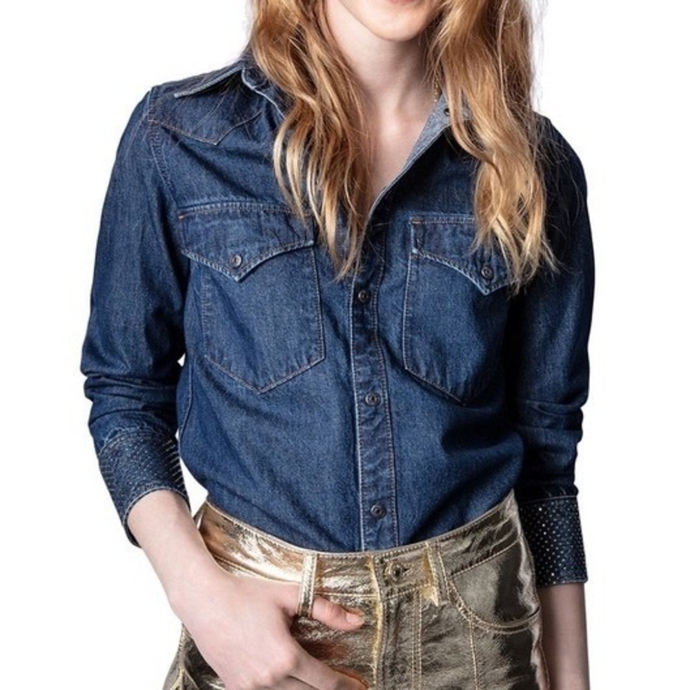 Zadig & Voltaire Thelma Eco Strass Denim Western Shirt Crystal Cuffs Blue SMALL